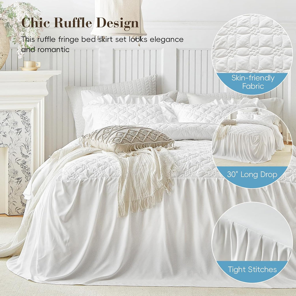 Ruffle Skirt Bedspread Set Flower Style - 30" Long Drop - Vintage Chic Ruffled Summer Bed Spreads Quilt Coverlet Boho