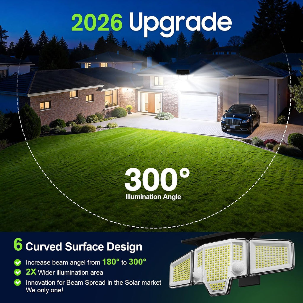 Solar Lights Outdoor Waterproof, 4000LM Solar Flood Lights -Dual Motion Sensor & Curved 300°Wide Beam, Larger