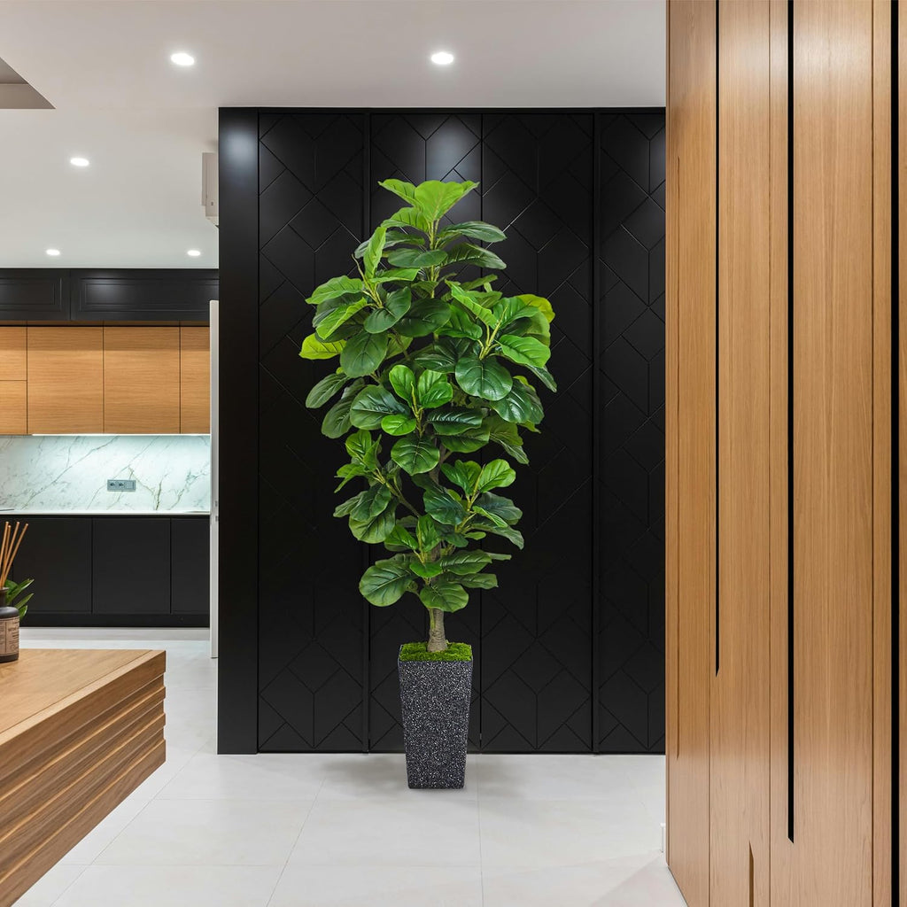 Fiddle Leaf Fig Tree 6ft, 6 Feet Large Tall Fake Plants Indoor with Modern Style Planter, Artificial Silk Tree Living