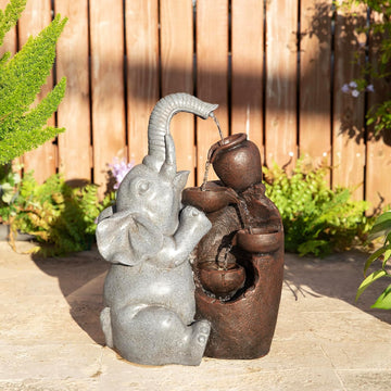 Outdoor Water Fountain, 4-Tiered Elephant and Pot Outdoor Fountain with Lights, 18.5" H Polyresin Decorative