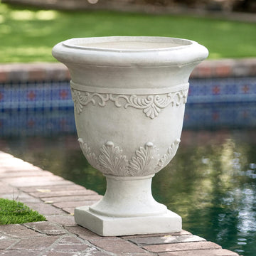 Antique White Urn Planter, Tall Outdoor Flower Pot for Garden and Patio, Classic Pedestal Design, Durable Magnesium