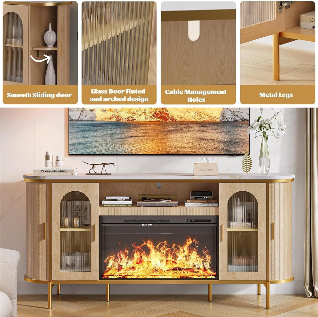 70" Fluted Fireplace TV Stand for TVs Up to 80 Inches, Entertainment Center with 30" Fireplace, Reeded Glass Door