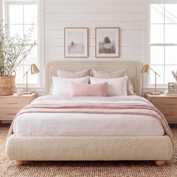 Cloud Queen Size Bed Frame with Headboard, Solid Wood Legs, Khaki