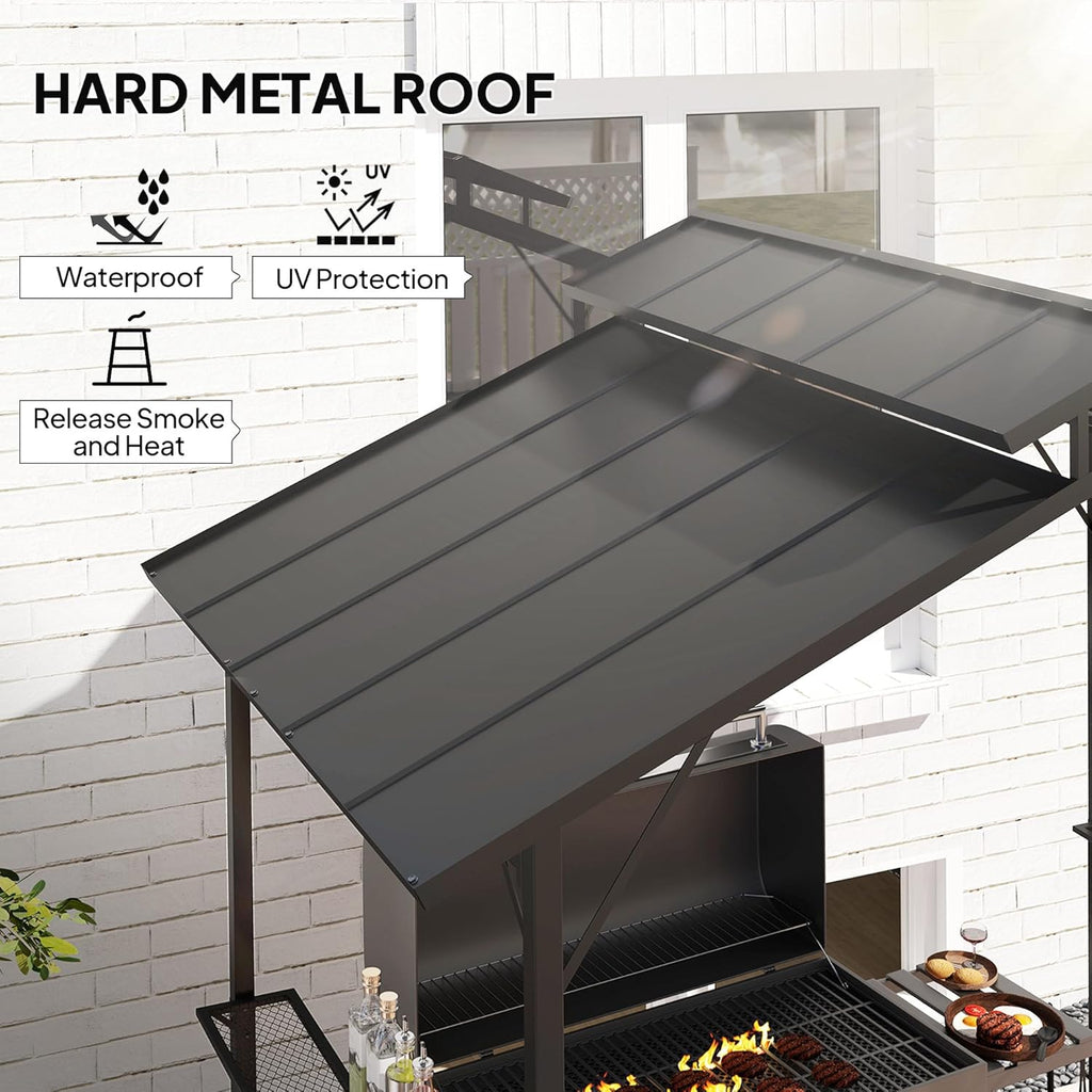 8' x 5' Hardtop Grill Gazebo, Outdoor BBQ Gazebo with Double Metal Roof, 2 Side Shelves and 10 Hooks