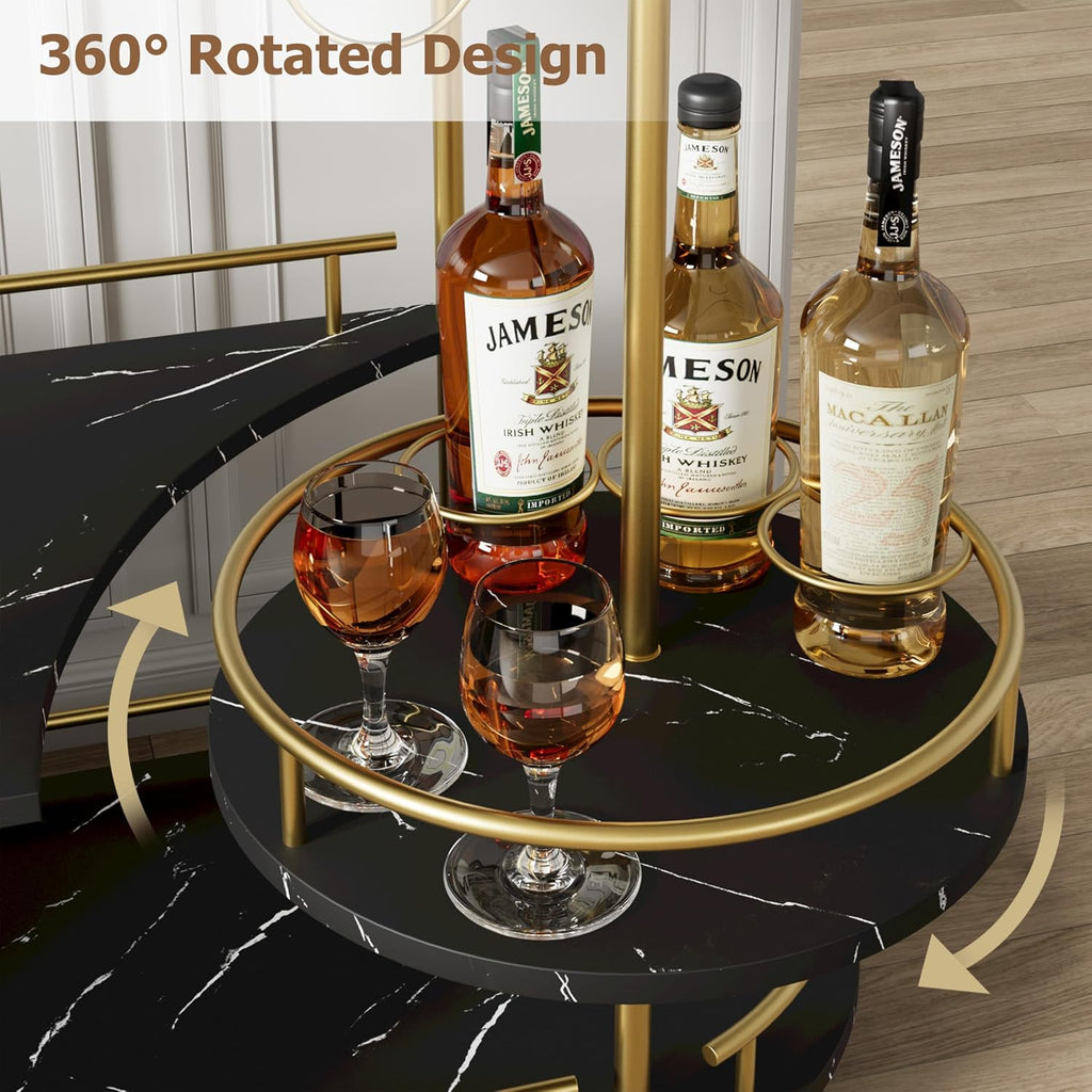 Modern 3-Tier Bar Cart with Wine Rack & Glass Holder | Rolling Serving Cart , Dining, Living Room, Black Marble