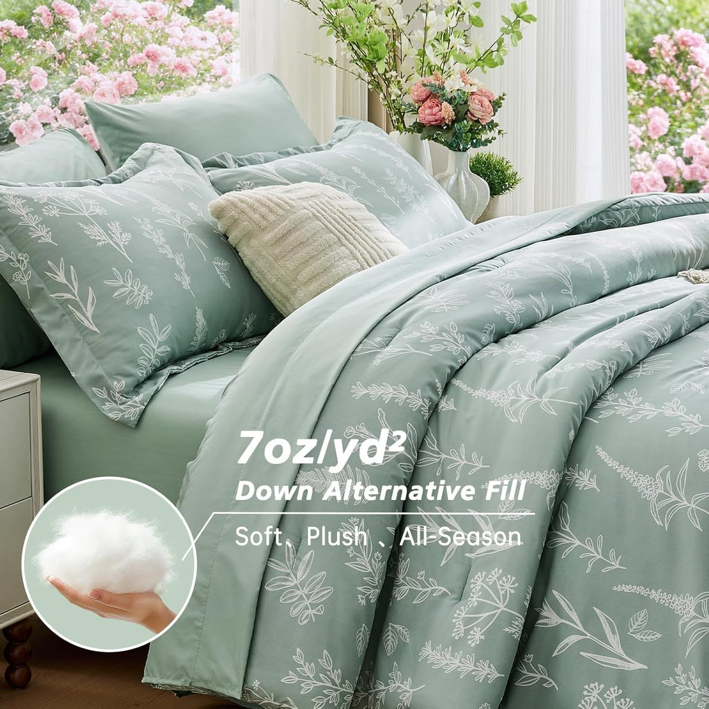 Full Comforter Set, Sage Green Elegant Floral Print Bed in a Bag 7 Pieces, Ultra Soft & Breathable Reversible - Set of 7