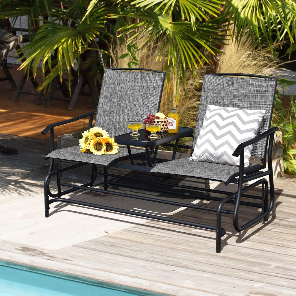 2 Person Outdoor Glider Bench w/Tempered Glass Table, Swing Patio Glider Chair with Steel Frame & Breathable Seat