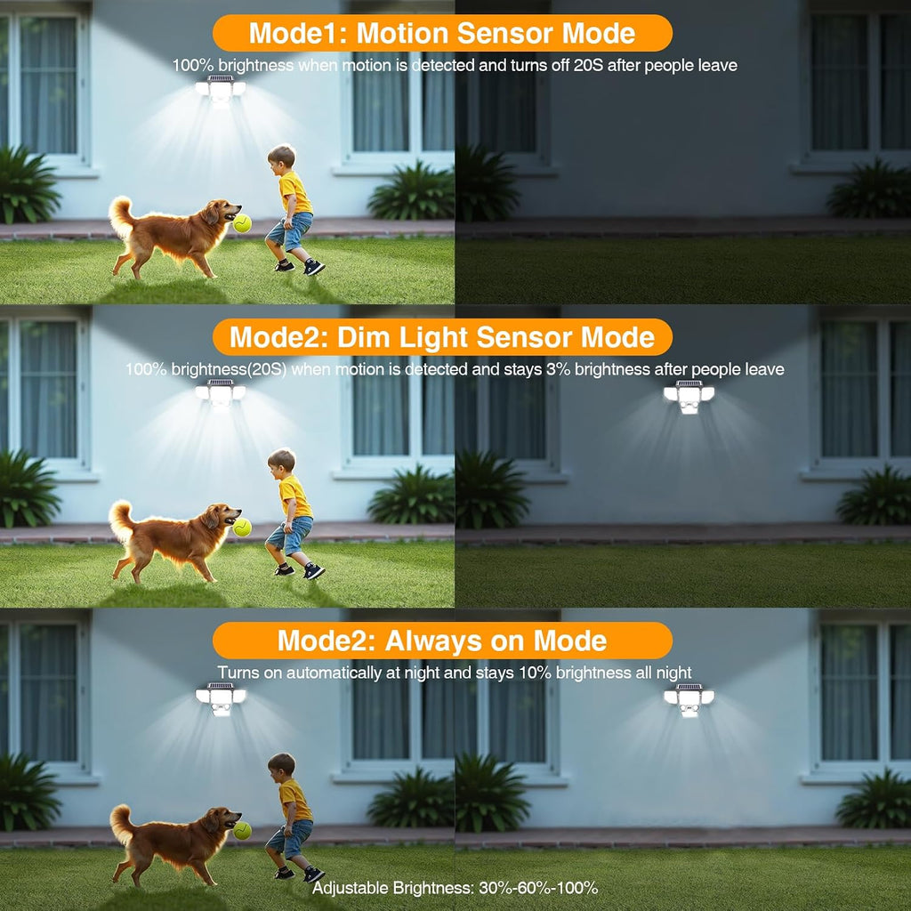 3000LM Solar Lights Outdoor, 4 Heads Solar Security Lights with Remote Control, 180 LEDs IP65 Waterproof Motion