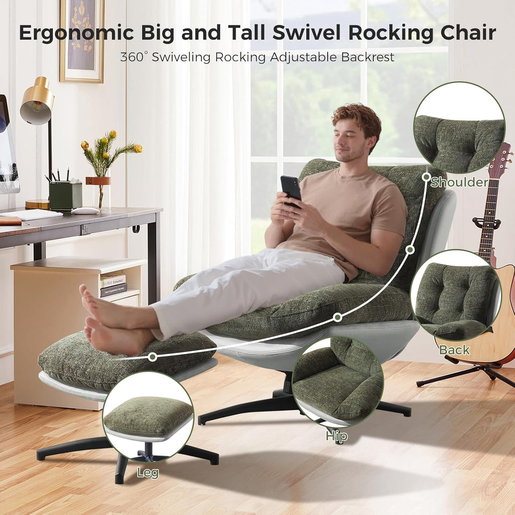 Modern Reclining Swivel Lounge Chair and Ottoman — Green Chenille