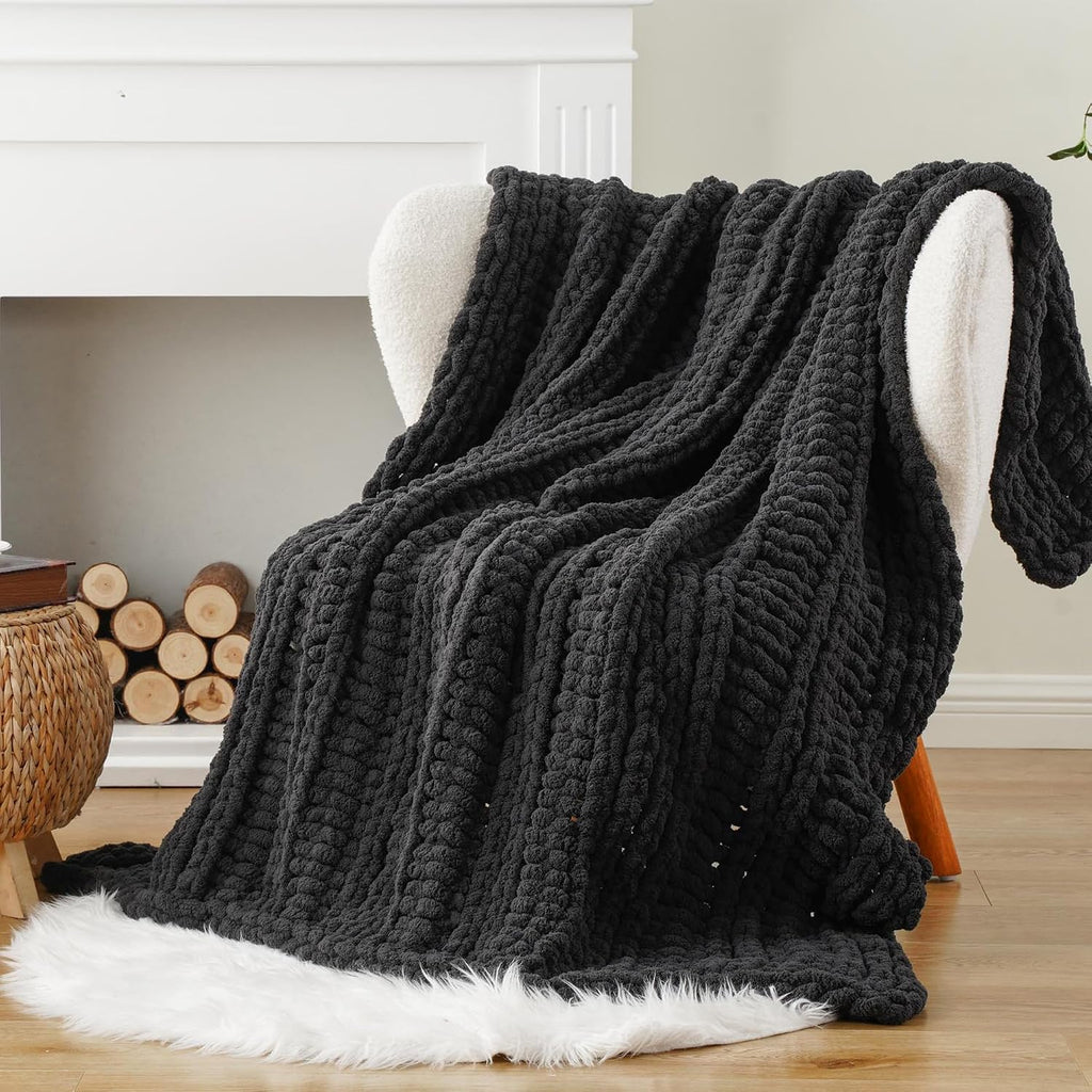 Chunky Knit Throw Blanket, Hand Made Chenille Throw Blanket, Super Soft Warm Cozy Charcoal Blanket, 50"x60"