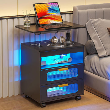 Nightstand with Wireless Charging Station, LED Nightstand Has Adjustable Rotary Workstation,Smart Night Stand with 2
