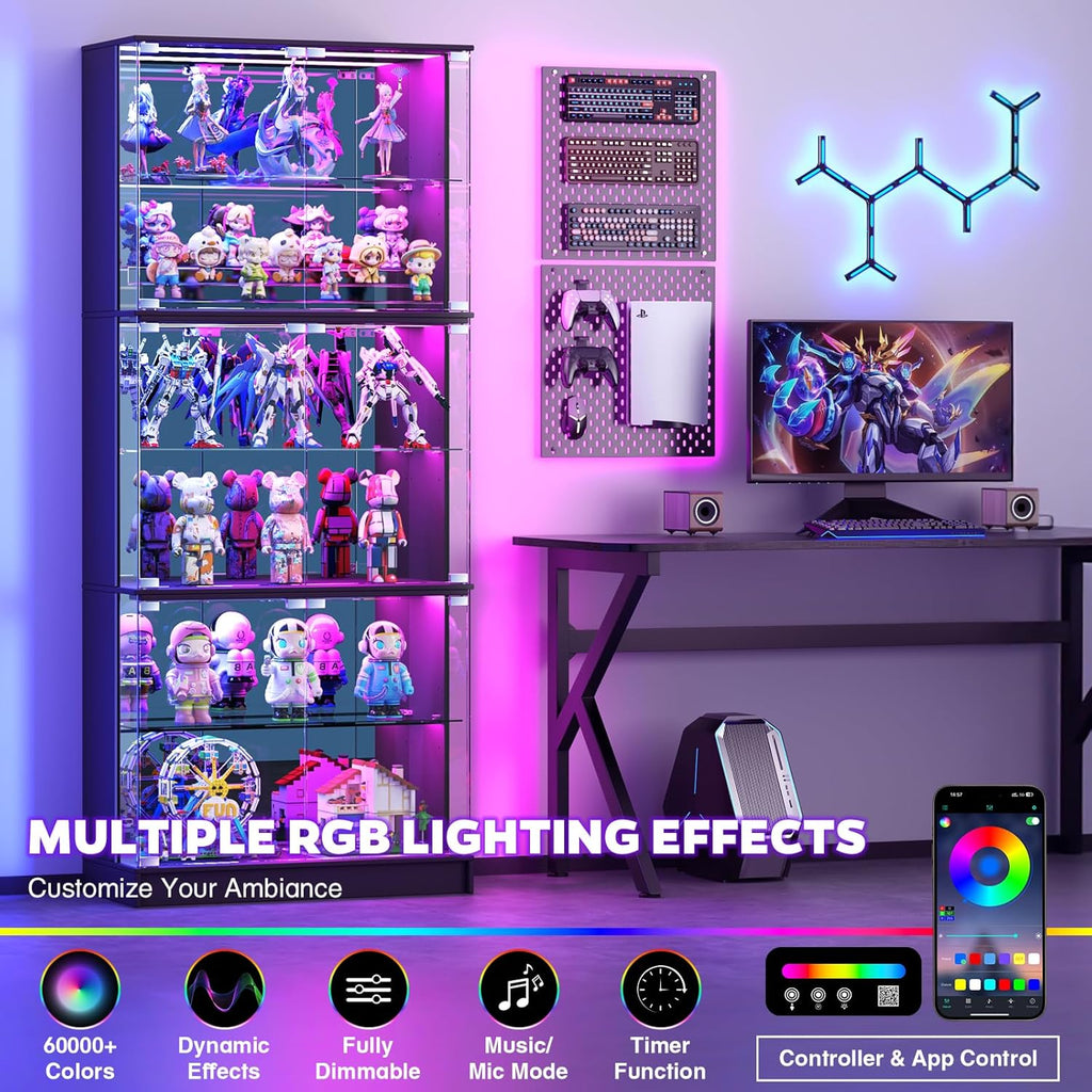 71'' Tall Display Cabinet with Glass Doors and RGB Lights, Black