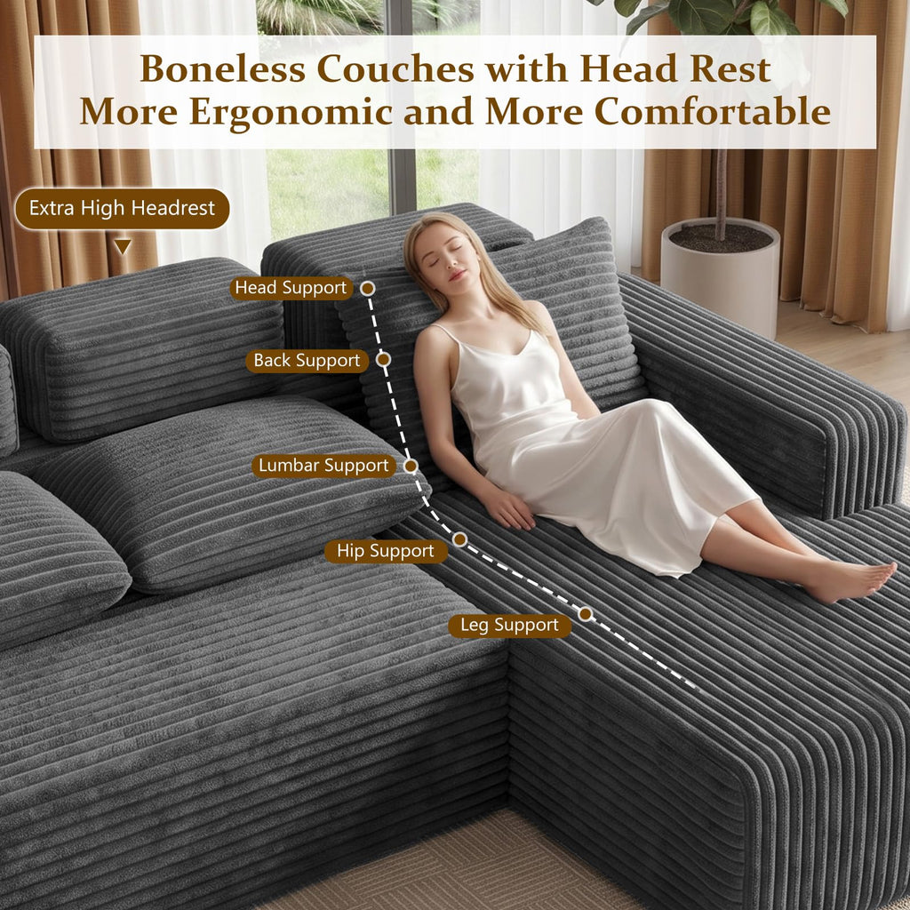 Boneless Couches 113" - Modular Sectional Sofa with Side Pockets U Shaped High Back Oversized Deep Seat Corduroy No