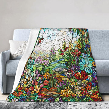 Colorful Boho Wildflower Stained Glass Throw Blanket Super Soft Air Conditioning Flannel Blankets Cozy Warm Plush