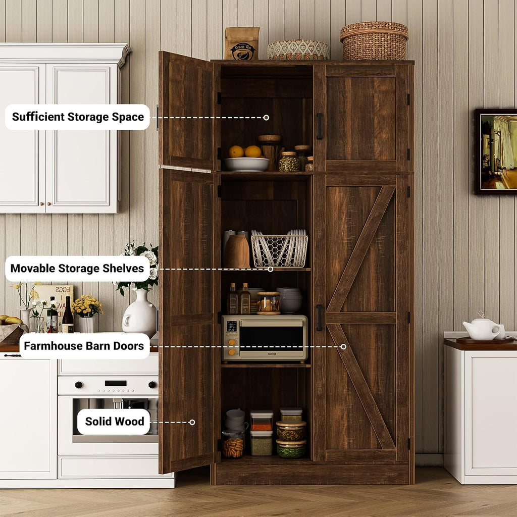 71" Tall Kitchen Pantry Storage Cabinet with Adjustable Shelves | Large Farmhouse Storage Cupboard, Barn Doors