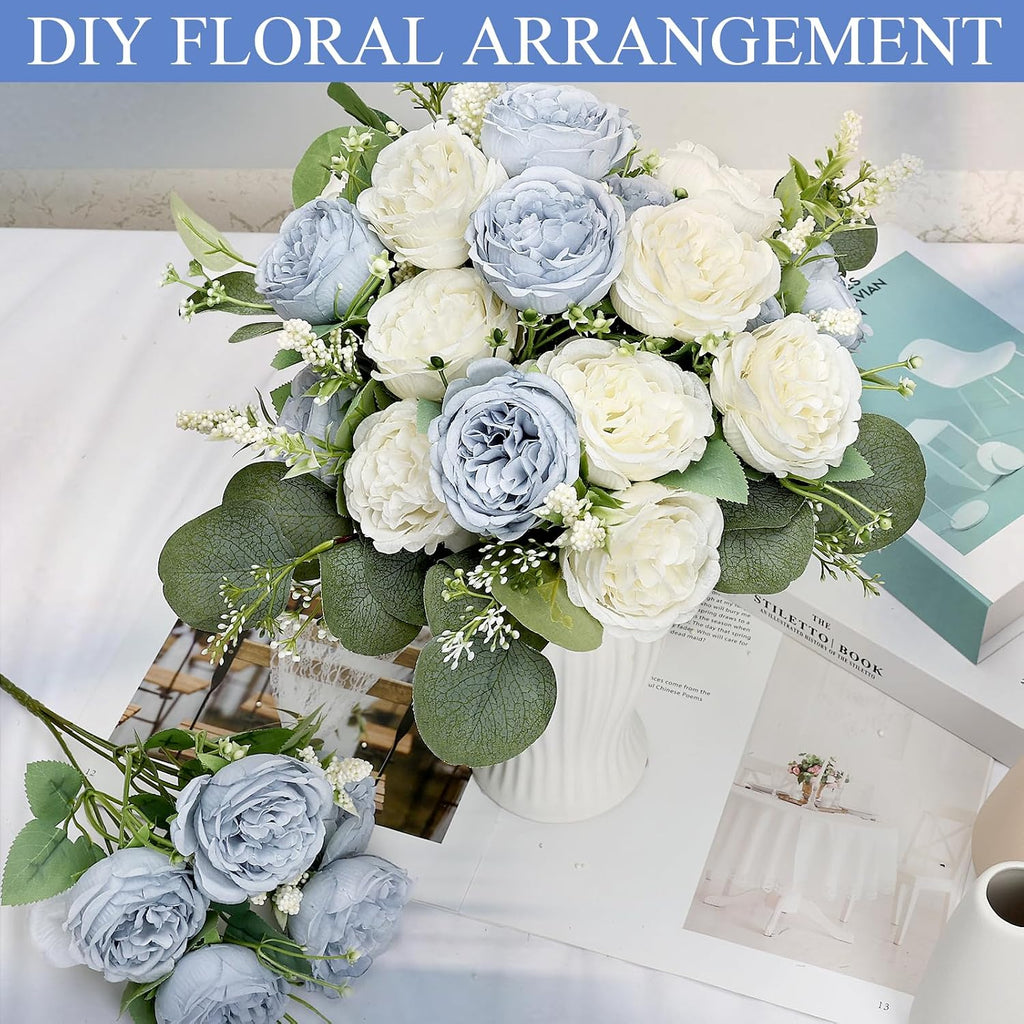 Peonies Artificial Flowers Bulk, 12 Bundles Fake Silk Peonies Faux Eucalyptus Bouquet Realistic Peony Floral