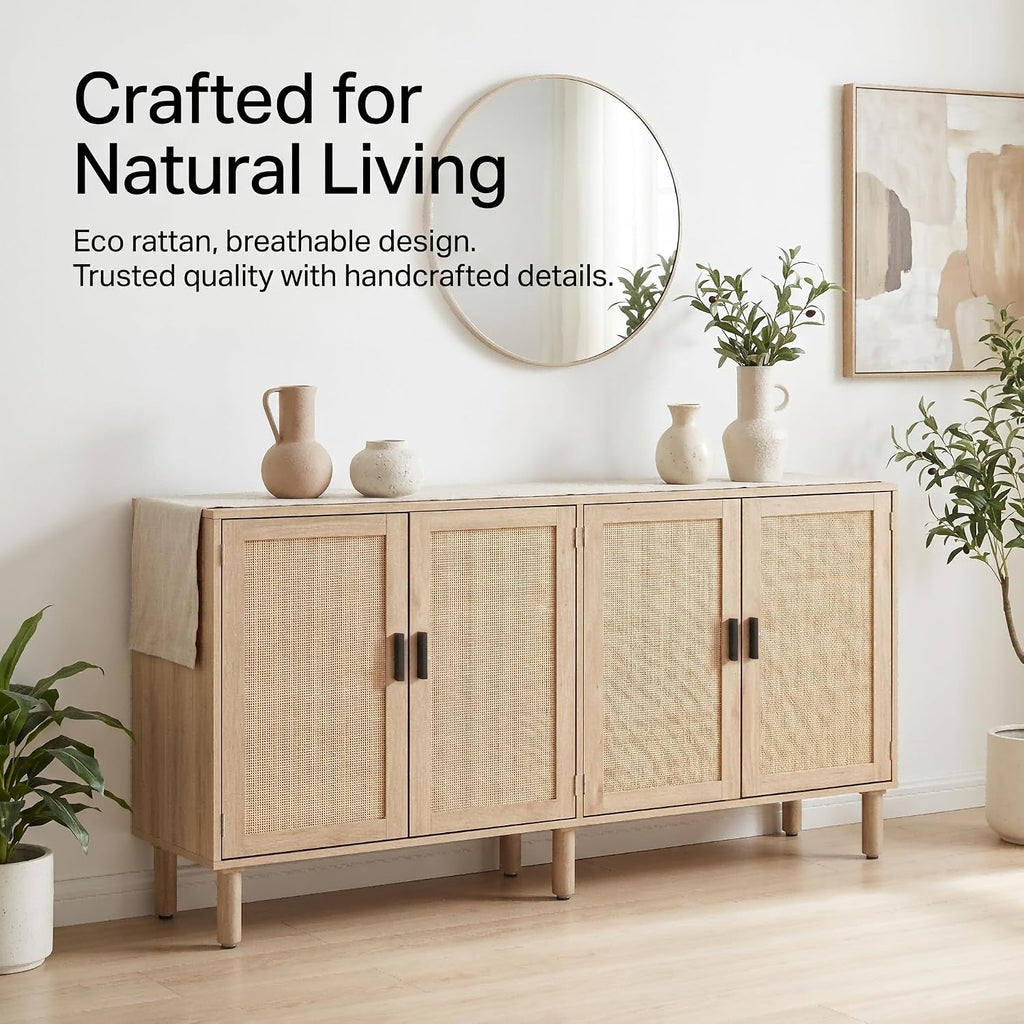 4 Door Sideboard Buffet Cabinet, Kitchen Storage Cabinet with Rattan Decorated Doors, Cupboard Console Table, Boho