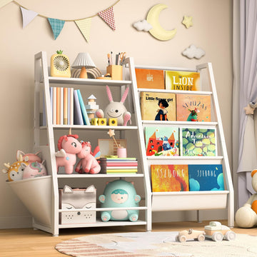 Kids Bookshelf with Extra Pocket, 4 Tier Toddler Bookshelf and Toy Storage Organizer for Kids, Bookcase Nursery Book
