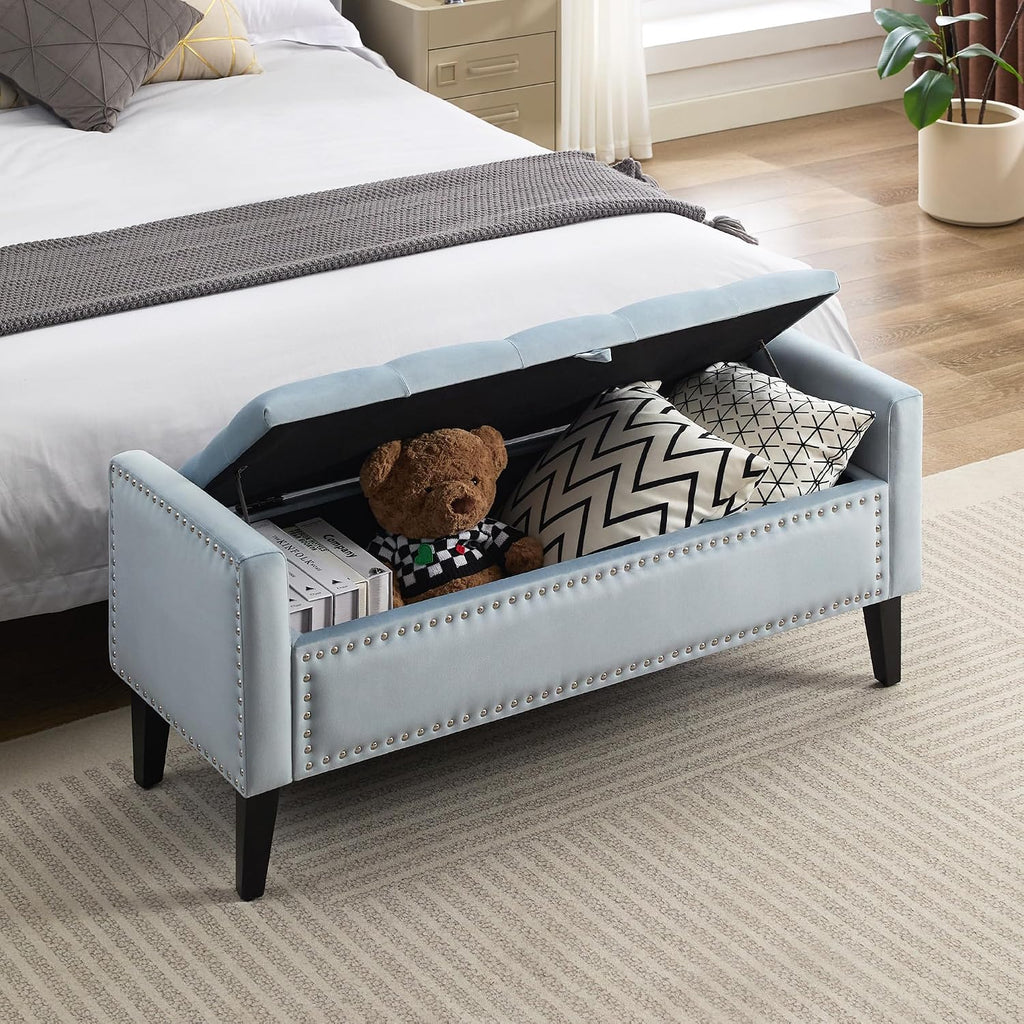 47" Velvet Storage Bench, Upholstered Bed Bench with Storage, End of Bed Ottoman with Wooden Legs,Bedside Storage