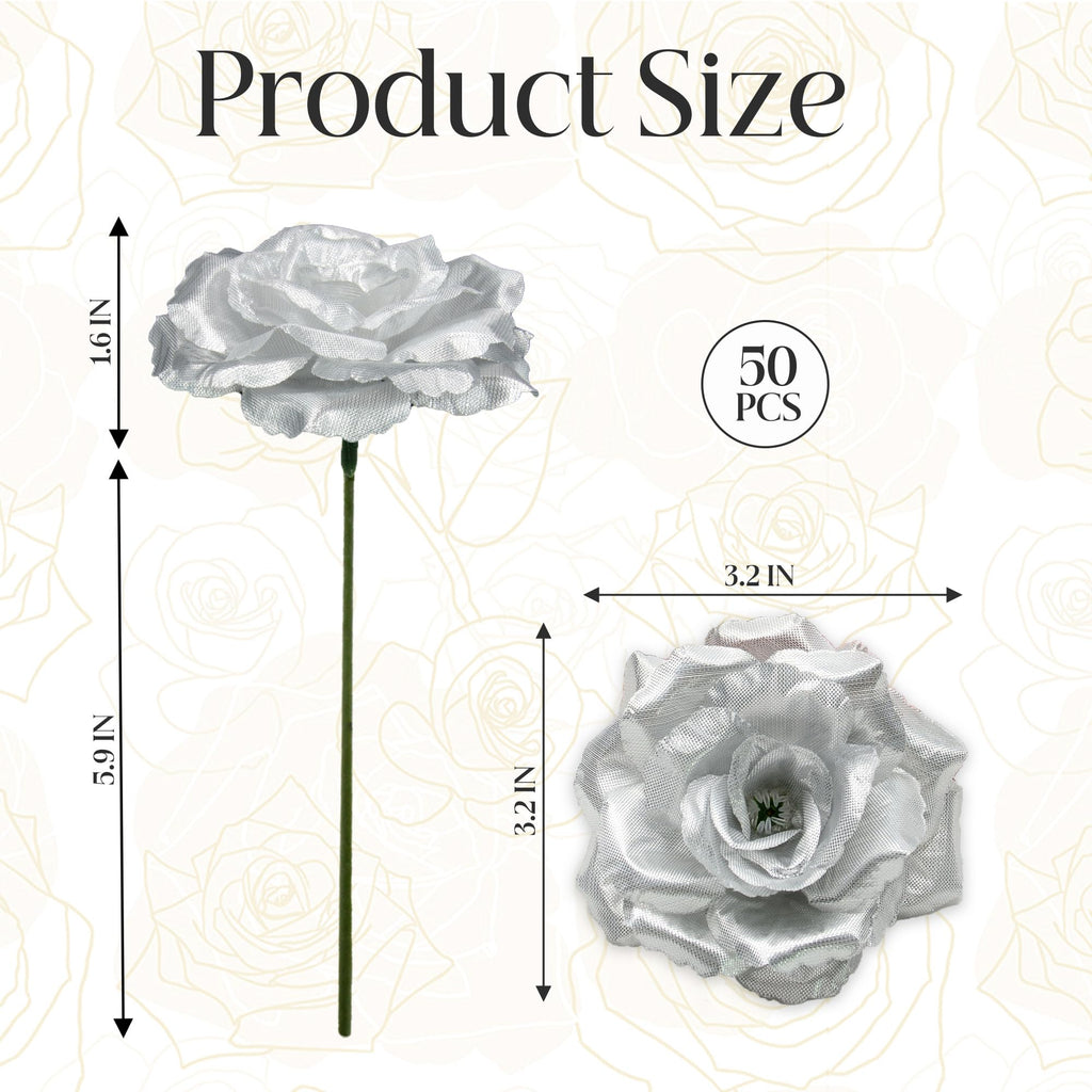 Rose Artificial Flowers, 50Pcs Silver Roses Head Flowers Bulk with Stem