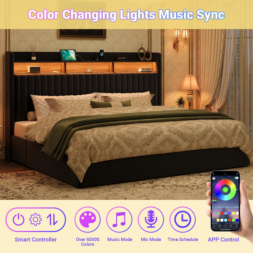 King Upholstered Platform Bed Frame with 3 Spacious Storage Drawers, Built-in LED Lights & Charging Station, Vertical