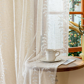 2 Panels Linen Leaf String Floral Embroidered Semi Sheer Curtain Farmhouse Voile Curtains Bedroom Window Treatment