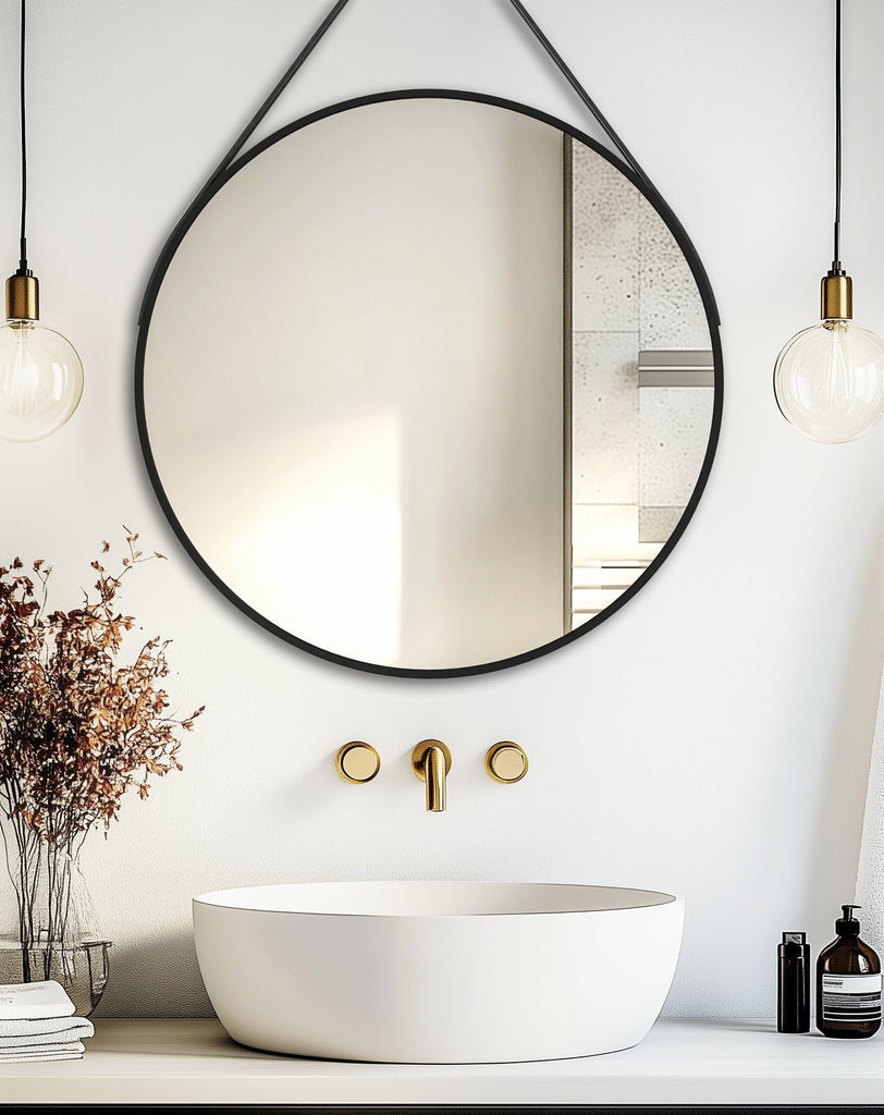 Hanging Strap Wall Mirror: 23.6" Round Bathroom Mirror Black Frame