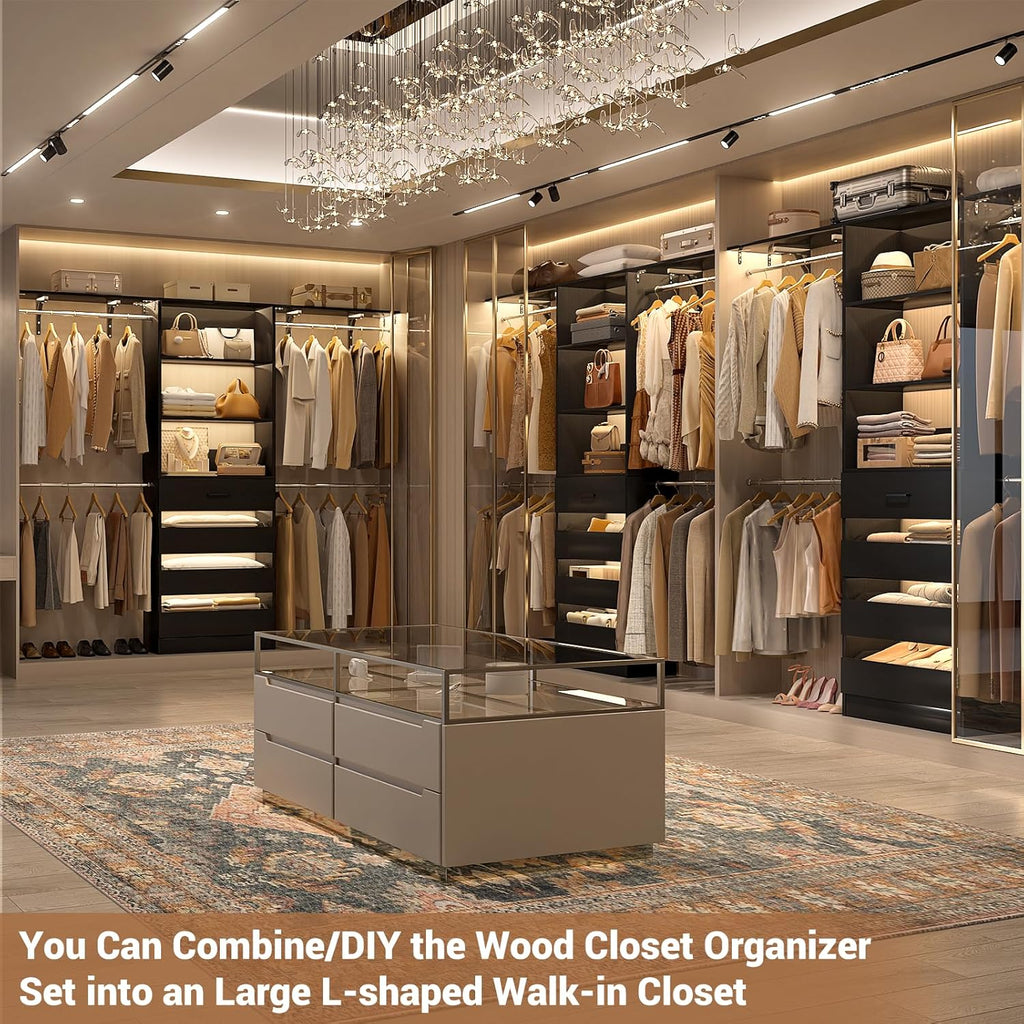 Closet System with 4 Drawers, 8FT Wood Closet Organizer System, 96'' Walk-in Closet Wardrobe with Tower, 4 Hang Rods