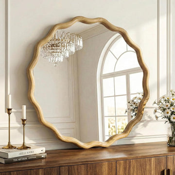 Round Wood Mirrors for Wall, 24" Boho Cirecle Wavy Mirror with Wooden Frame, Decorative Mirror with Tempered Glass