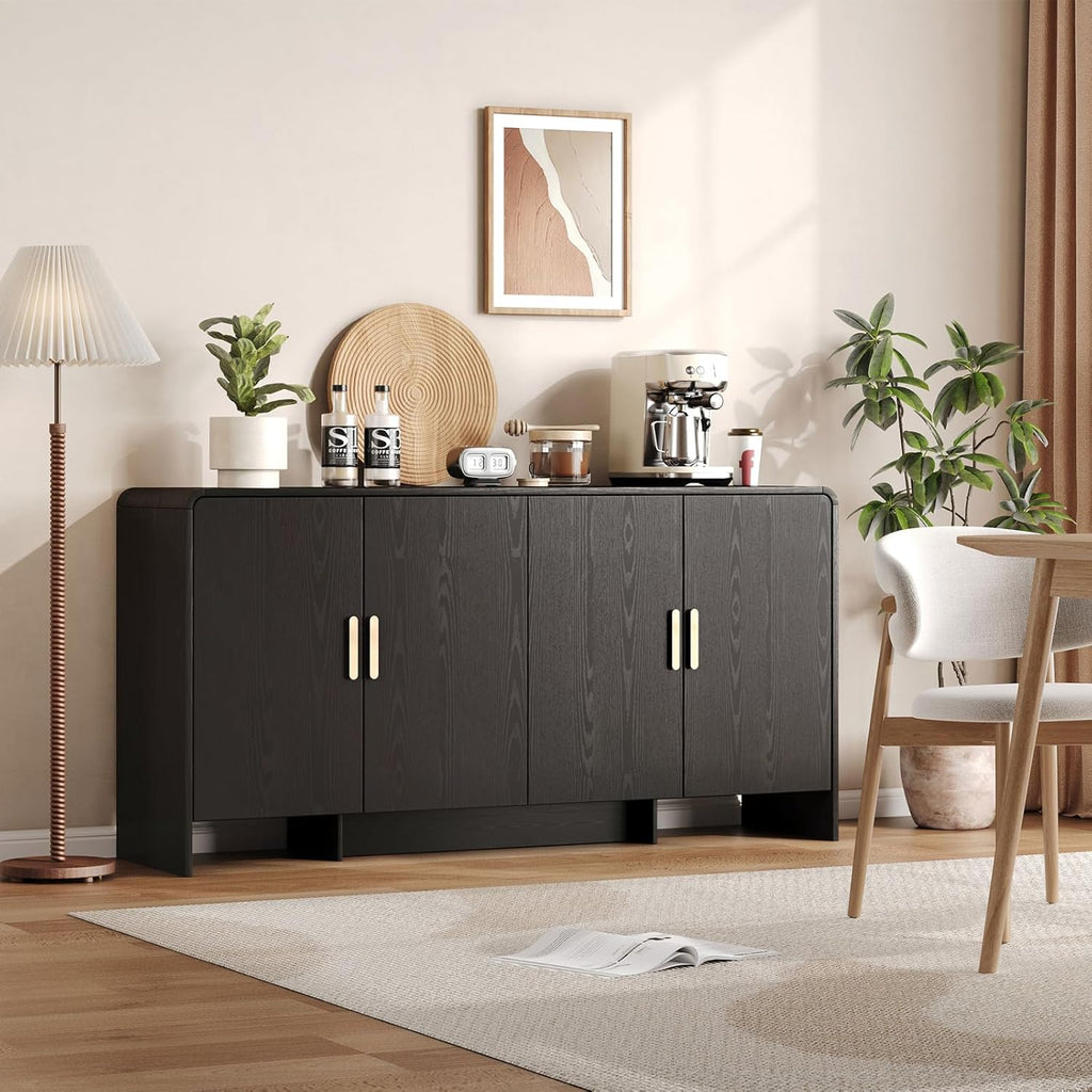 60" Sideboard Buffet Cabinet, Large Curved Design Storage Cabinet with 4 Doors & 2 Adjustable Shelves, Sturdy Build