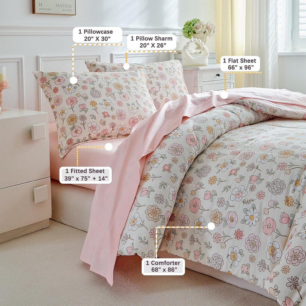 Floral Twin Comforter Set,5 Pieces Twin Bedding Set for Girls,Twin Bed in a Bag, All Season Kids Sheet Set with Comforter, Flat Sheet, Fitted Sheet, Pillowcase and Pillow Sham-Pink Floral