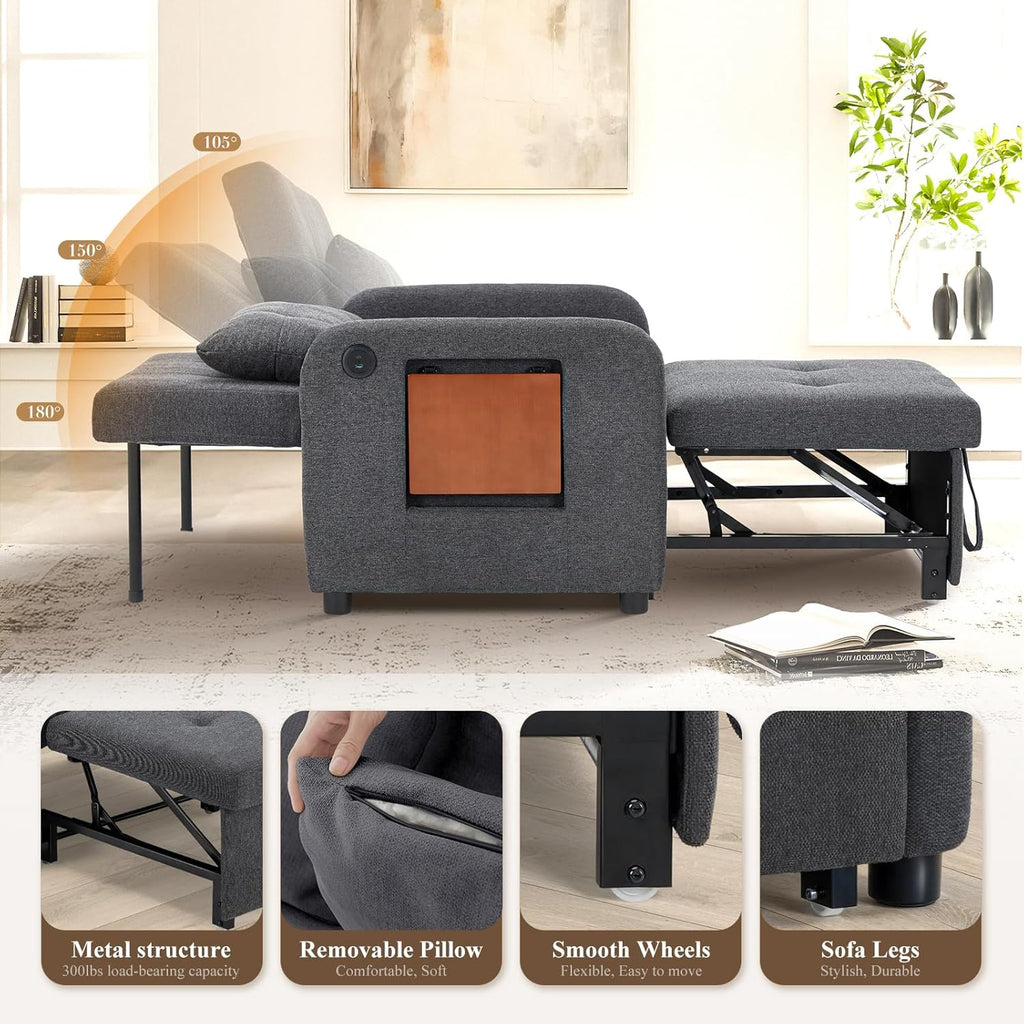 Convertible Sleeper Chair-Fabric Futon Sofa Bed, Single Sleeper Sofa, Small Couch Bed with USB Port, Foldable Table