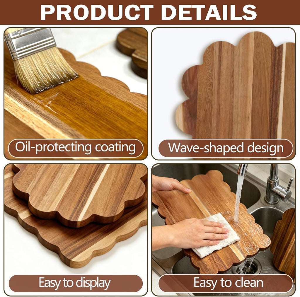 Acacia Wood Scalloped Cutting Boards Set, Decorative Wooden Charcuterie Boards with Handle for Cheese Pizza Meat
