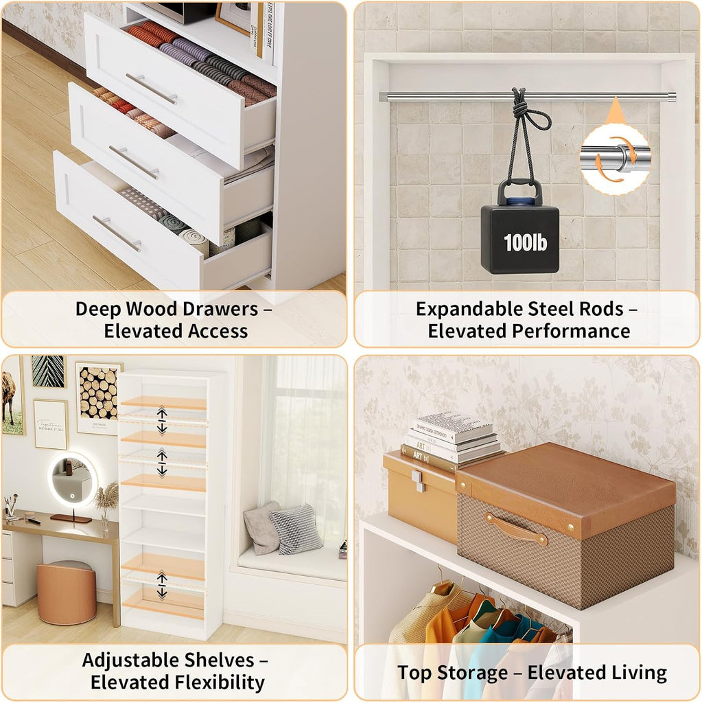 Closet System with 3 Sets, 6-15.8FT Custom Closet Organizer System with 6 Drawers & 8 Shelves & 5 Hanging Rods, Max