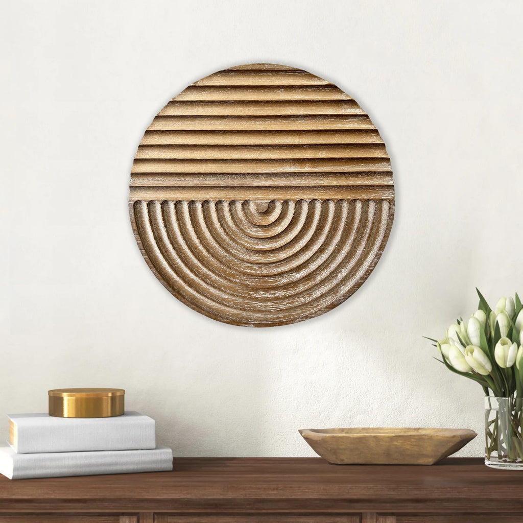 Hand-carved Wood Wall Decor featuring Artistic Round Design for Farmhouse and Country-style Interiors | Wall Art