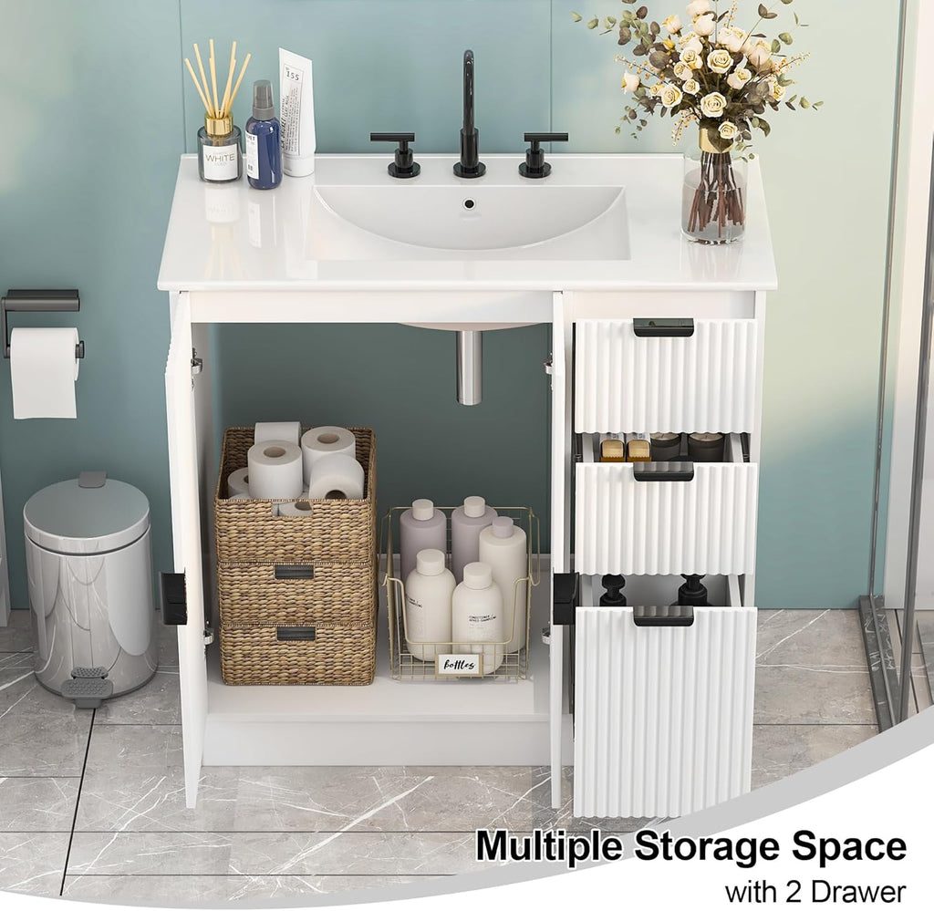 Freestanding Bathroom Vanity with Ceramic Sink, Large Storage Cabinet with Drawers