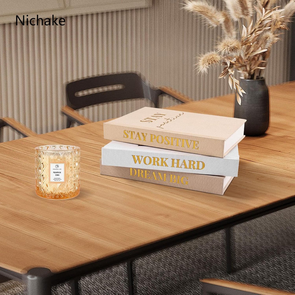 Set of 3 Linen Covered Decorative Books Decor | Gold Foil Stamping Decor Books,Motivational Office decor for Women