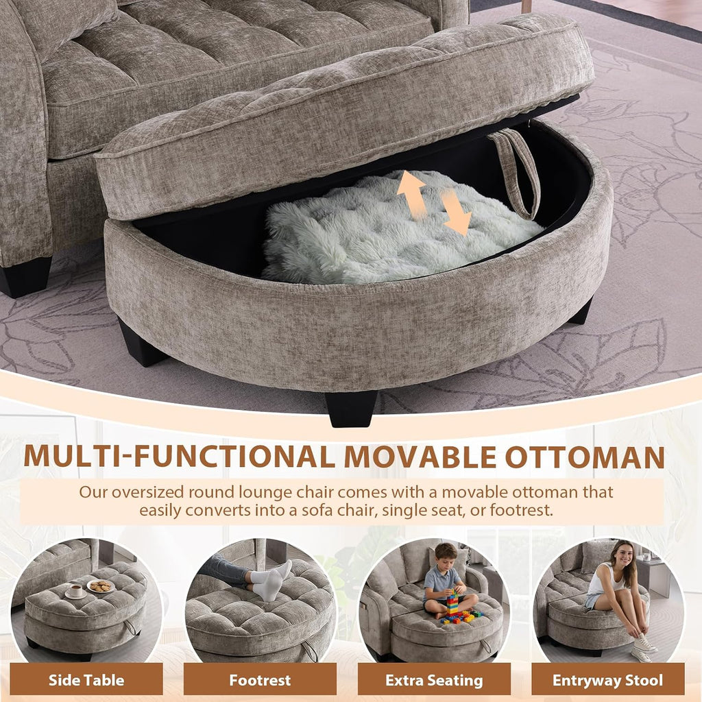 Oversized Curved Chaise Lounge Chair Indoor with Ottoman, 54.8" Cloud Boneless Reading Chair Soft Chenille Circle