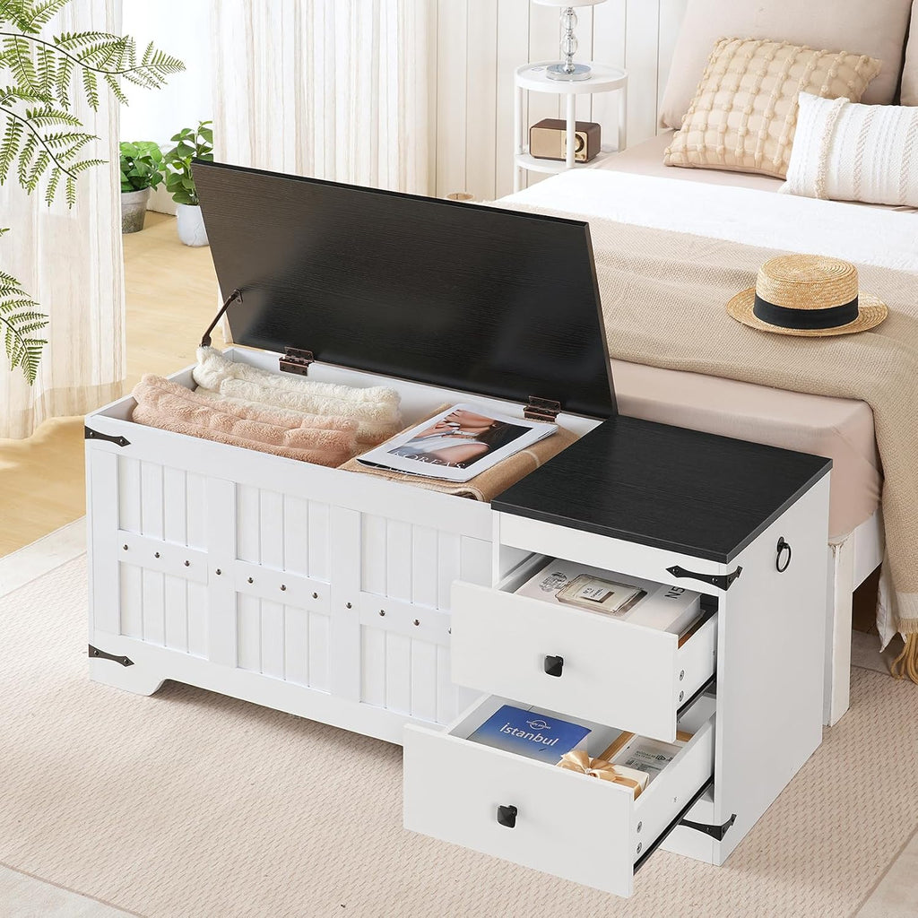 Storage Bench, Toy Box with Dual Drawers and Safe Hinge, Storage Chest with Extra-Long Thick Top, Easy Assembly