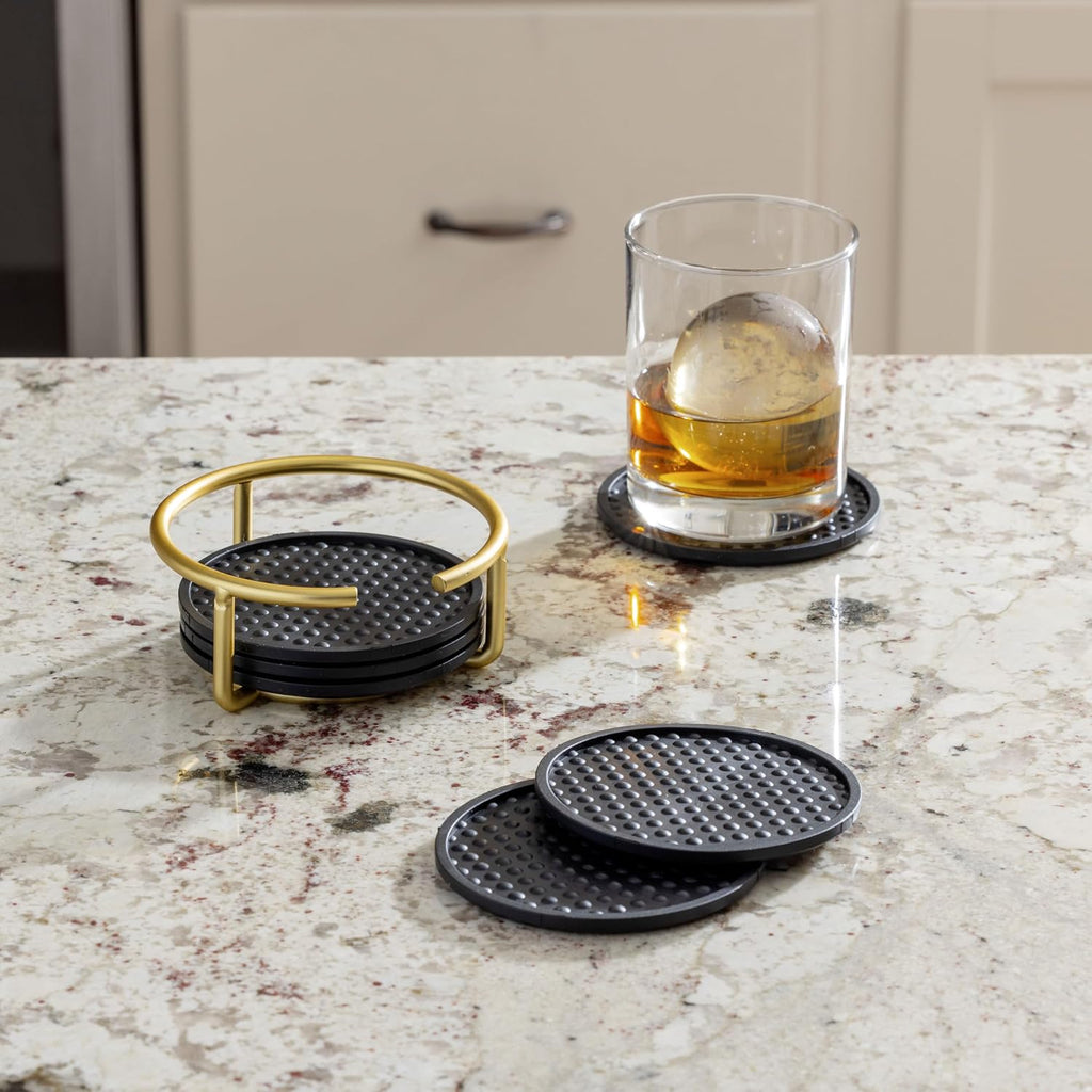 Absorbent Coasters with Holder Gold Modern Table Drink Coasters for Table Protection, Absorbent Silicone - Set of 6