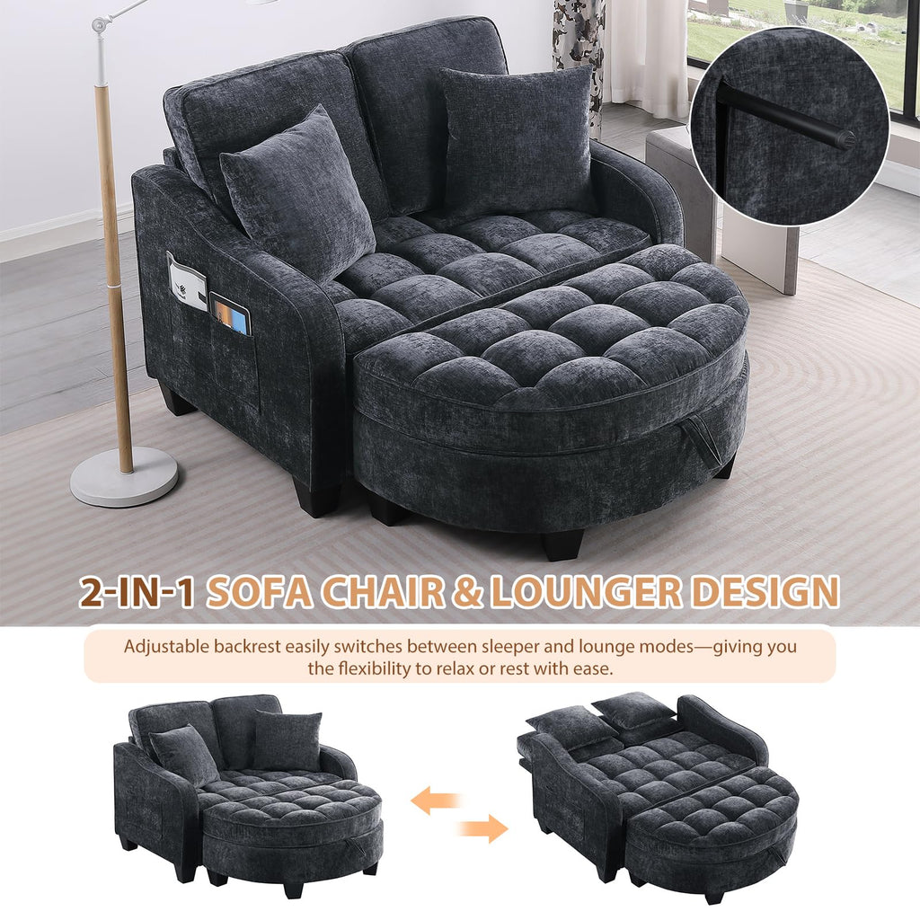 Oversized Chaise Lounge Chair Indoor with Curved Ottoman, Black
