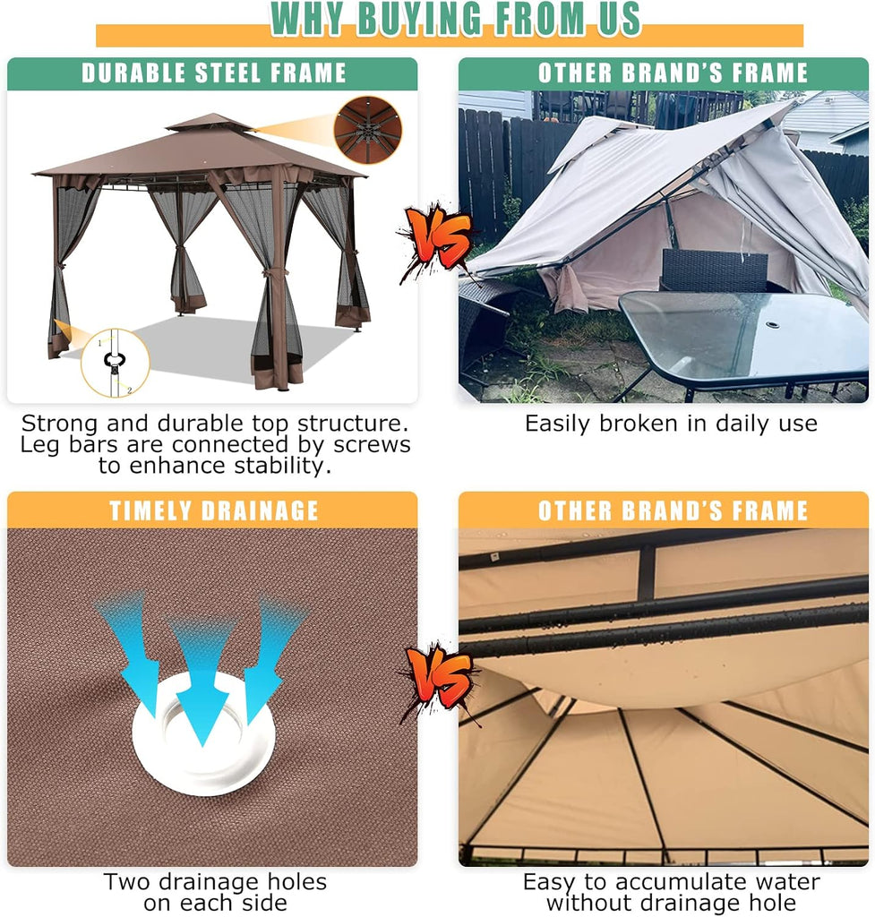 Outdoor Gazebo 10x10 Gazebos on Clearance with Netting, Waterproof Canopy Tent with Heavy Duty Party Tent Steel Frame