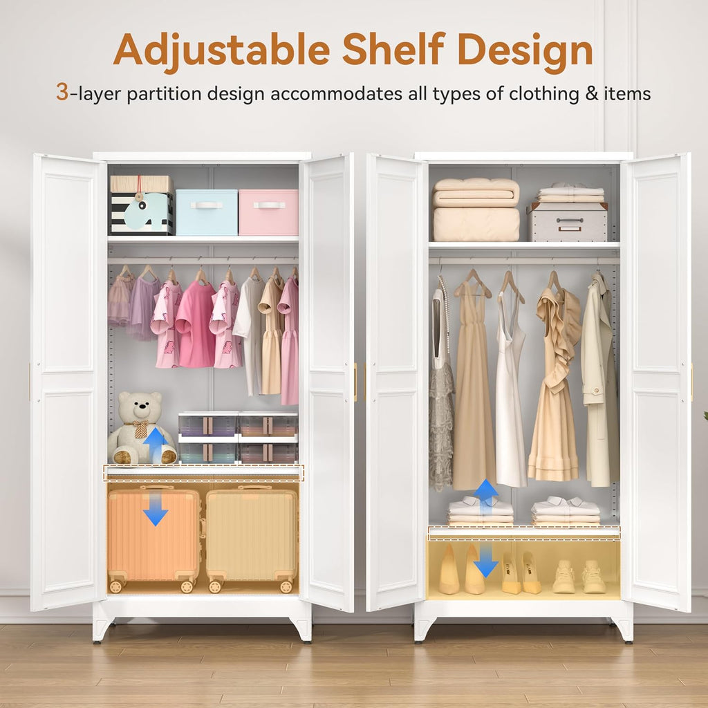 71" Metal Armoire Wardrobe Closet with Doors and Adjustable Shelves | Tall Freestanding Wardrobe Cabinet for Clothes