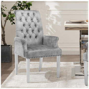 Velvet Dining Chair, Kitchen Arm Chair, Light Grey