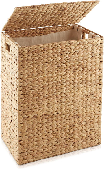 Large Laundry Hamper with Lid and Removable Liner Bag - Natural, Woven Water Hyacinth Rectangular Laundry Basket