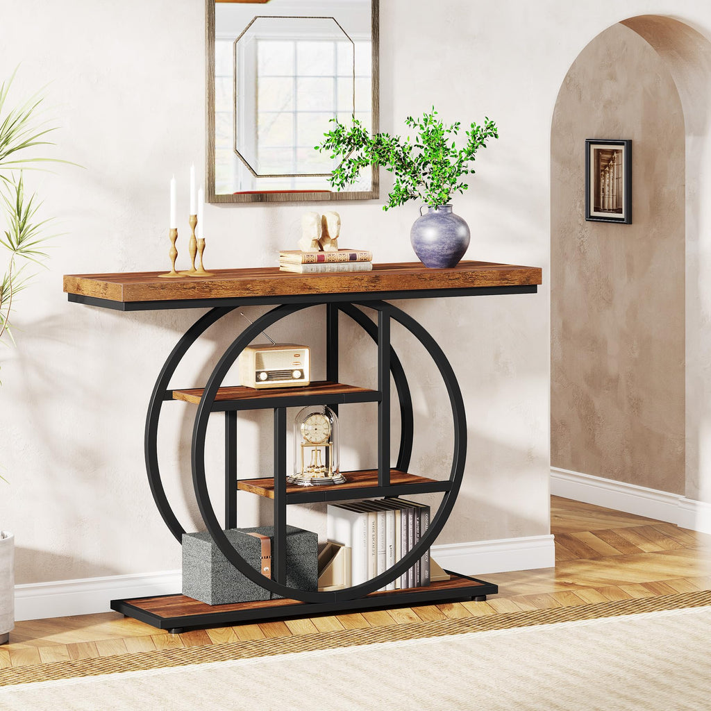 41.3" Console Table, Industrial 4-Tier Sofa Table Entryway Table with Circle Base, Narrow Wood Accent Tables with