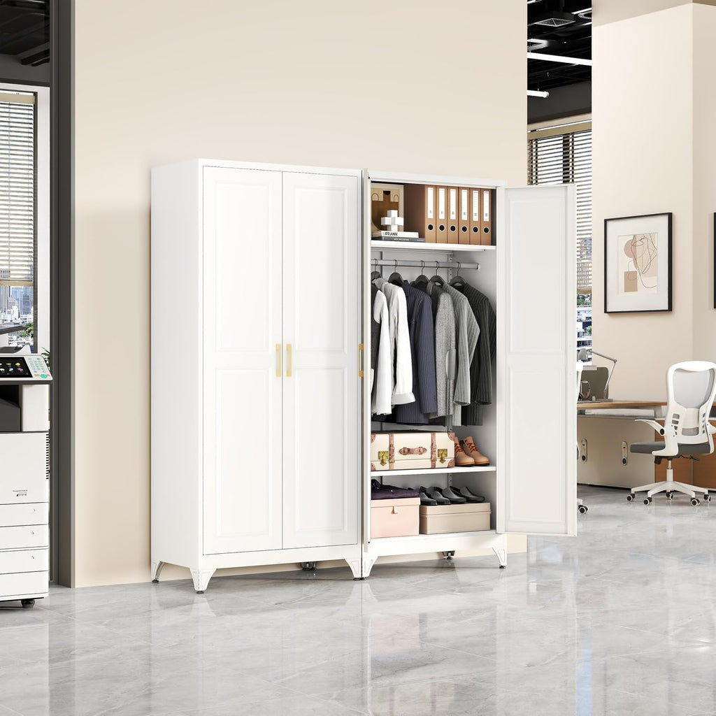 Metal Wardrobe Cabinet,Armoire Wardrobe Closet with Hanging Rod | 71" Freestanding Clothing Storage Cabinet,White