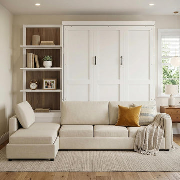 Queen Murphy Bed, Wood Queen Wall Bed with Sofa and Shelves, White