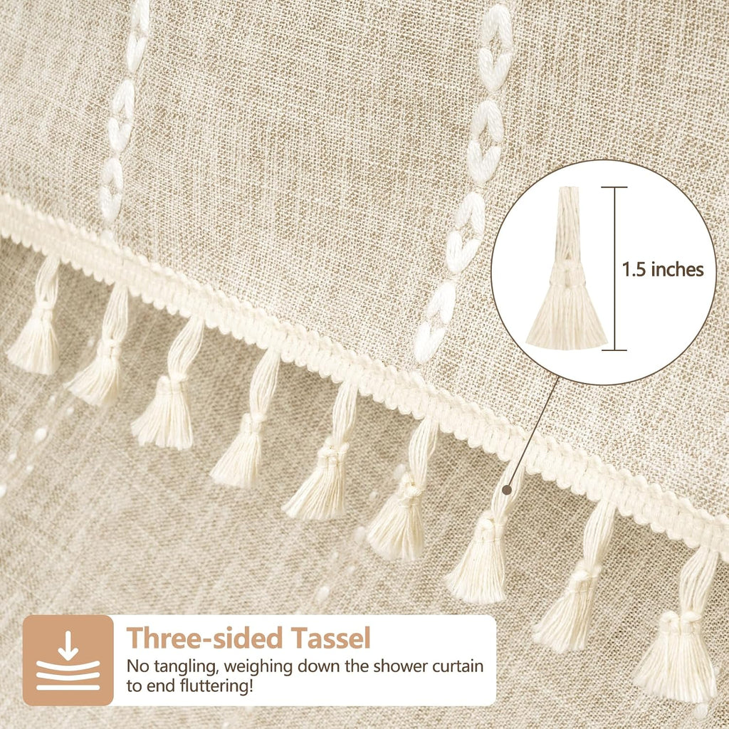 Boho Farmhouse Linen Shower Curtain with Tassels, Heavyweight Soft Fabric Shower Curtain Beige Water Repellent, 72 x