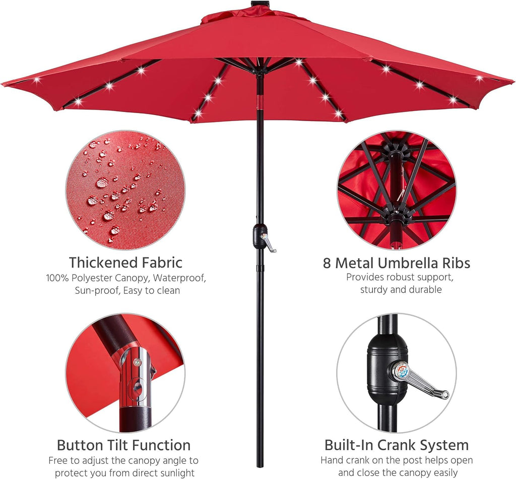 9FT Solar Powered Patio Umbrella - UV Protection Market Table Umbrella w/ 32 LED Lights & Push Button Tilt & Crank Lift